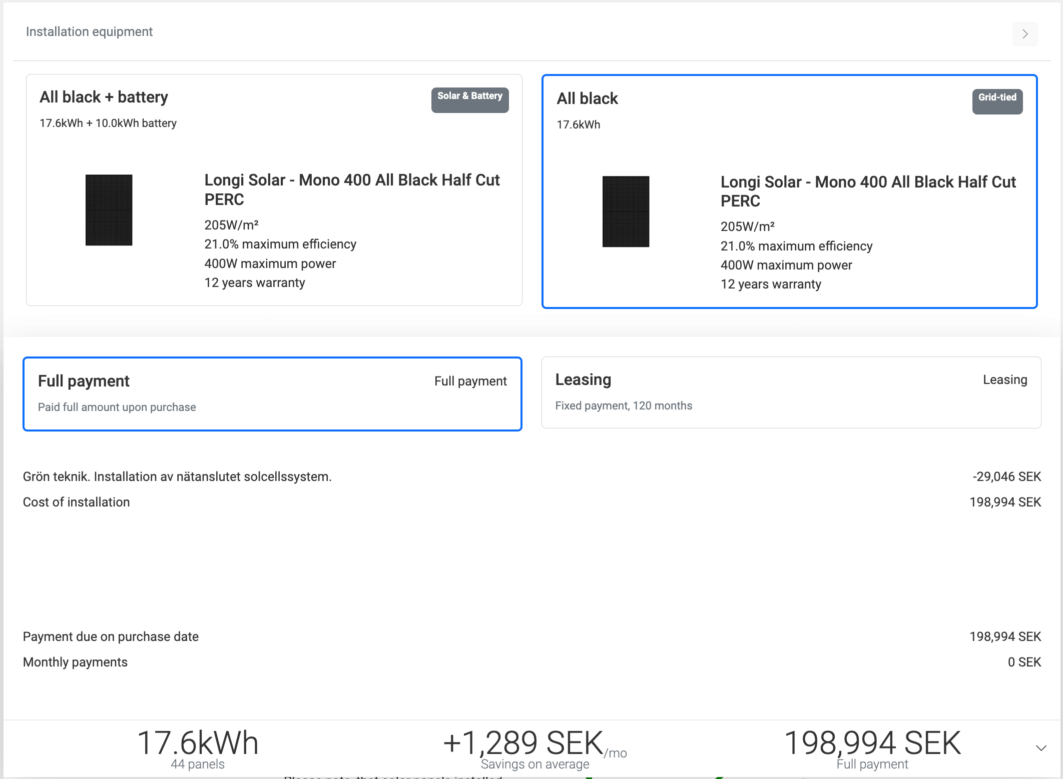 Solar panel configurator where you can put your equipment configuration and custom services