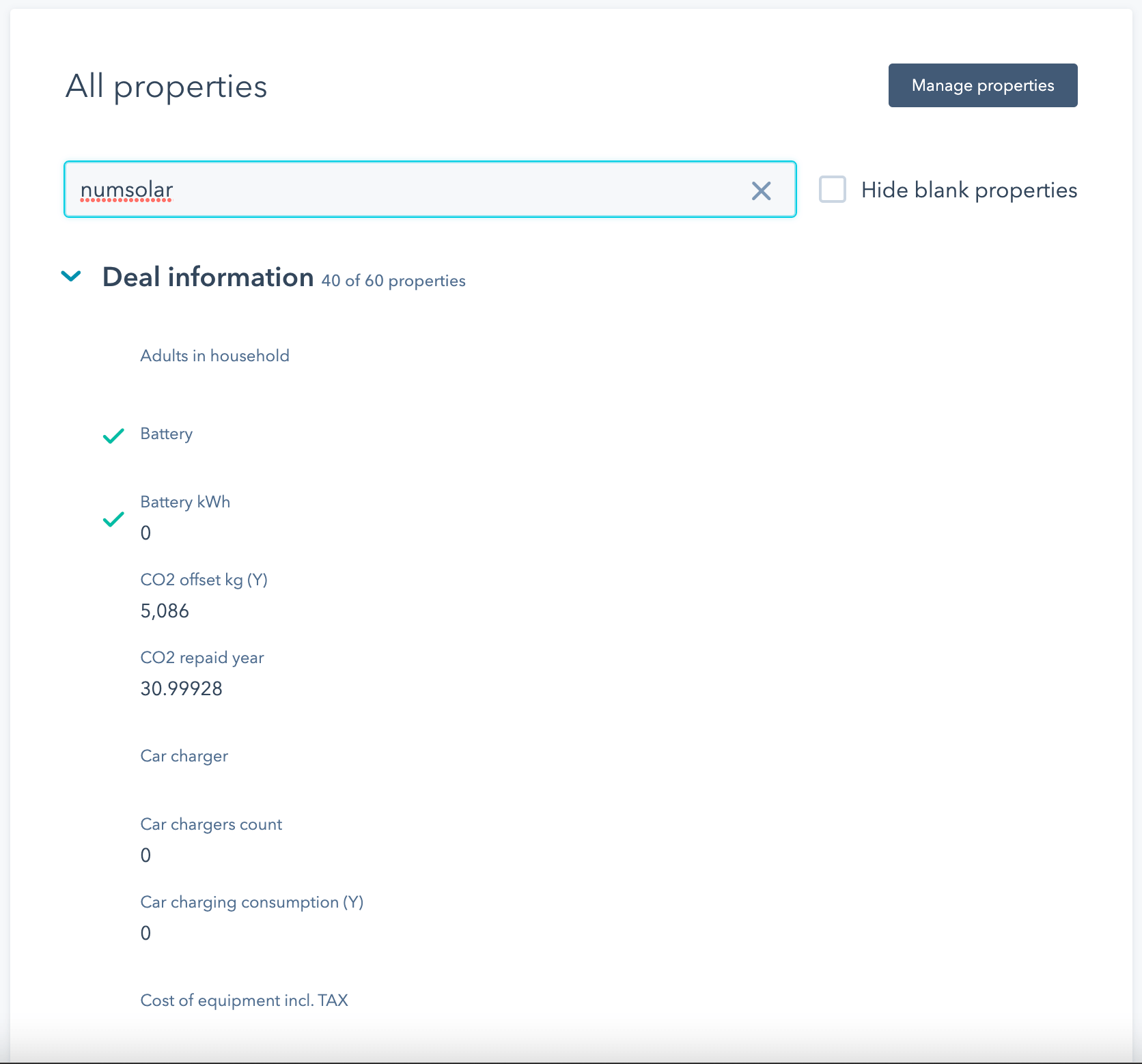 Numsolar creates properties in HubSpot to store solar panel calculation data