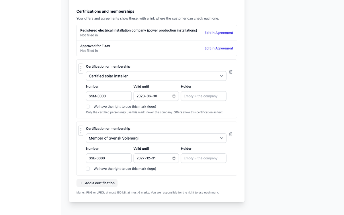 The organisation settings' list of certifications with number and expiry date.