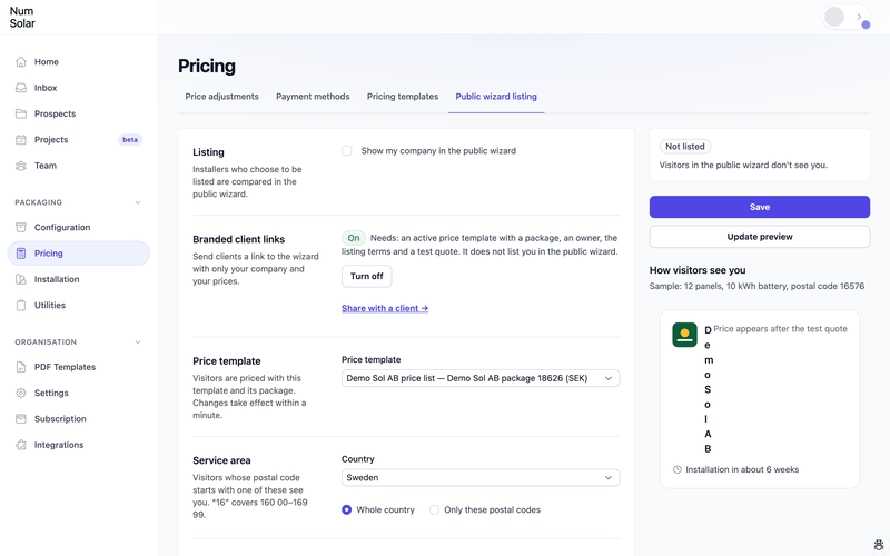 The listing page: the price template, the branded client links and the service area.