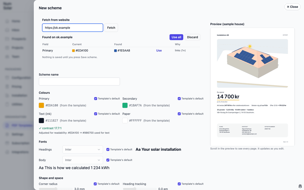 The brand scheme page with colours, fonts and logo read from a website.