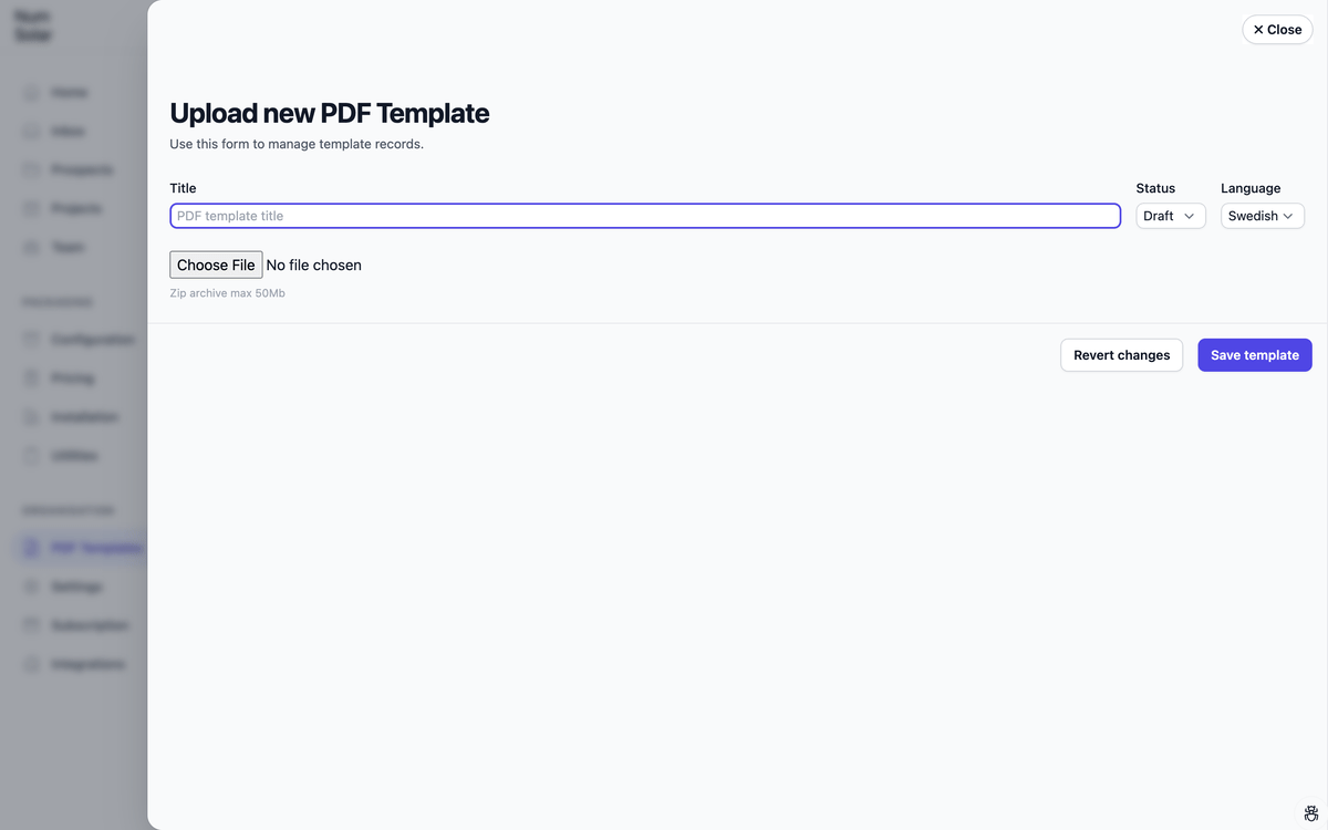 The upload form for a PDF template: a title, a status, a language and the zip file.