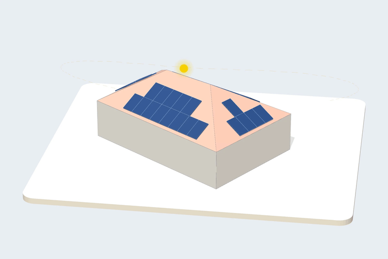 The example house from the front: the panels on the roof in daylight.