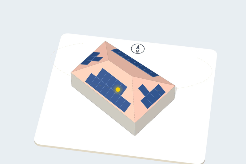 The example house from above at 30°: every roof face and its panels.