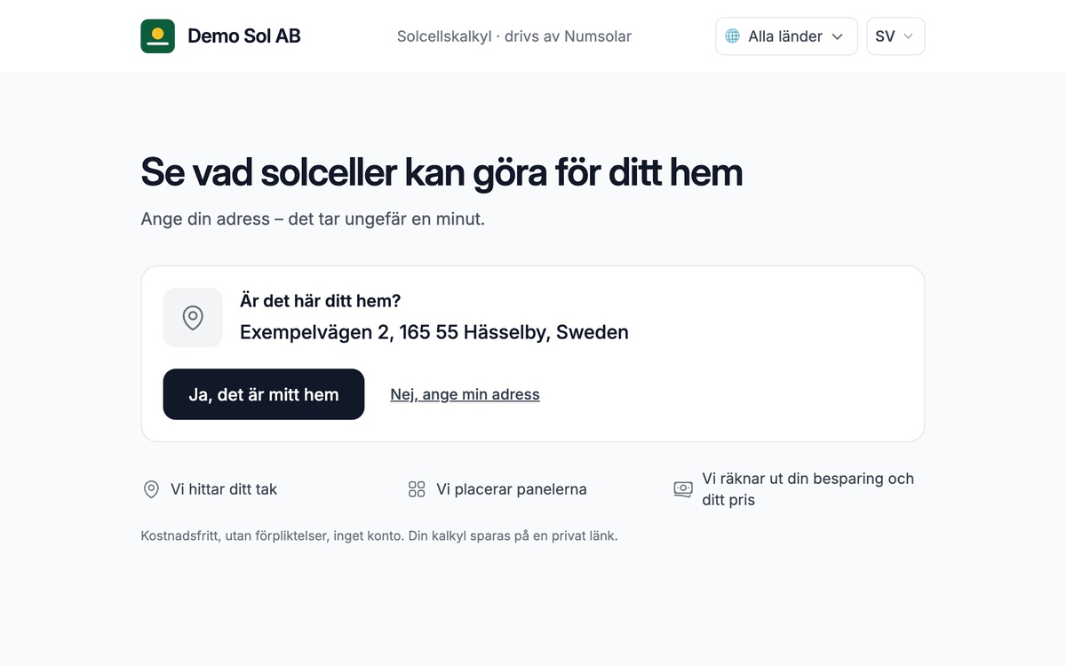 Startsidan i kundlänken: Demo Sol AB överst och ett adressfält.