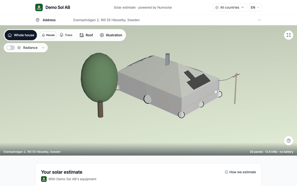 The branded client link: the roof in 3D and Demo Sol AB's price card.