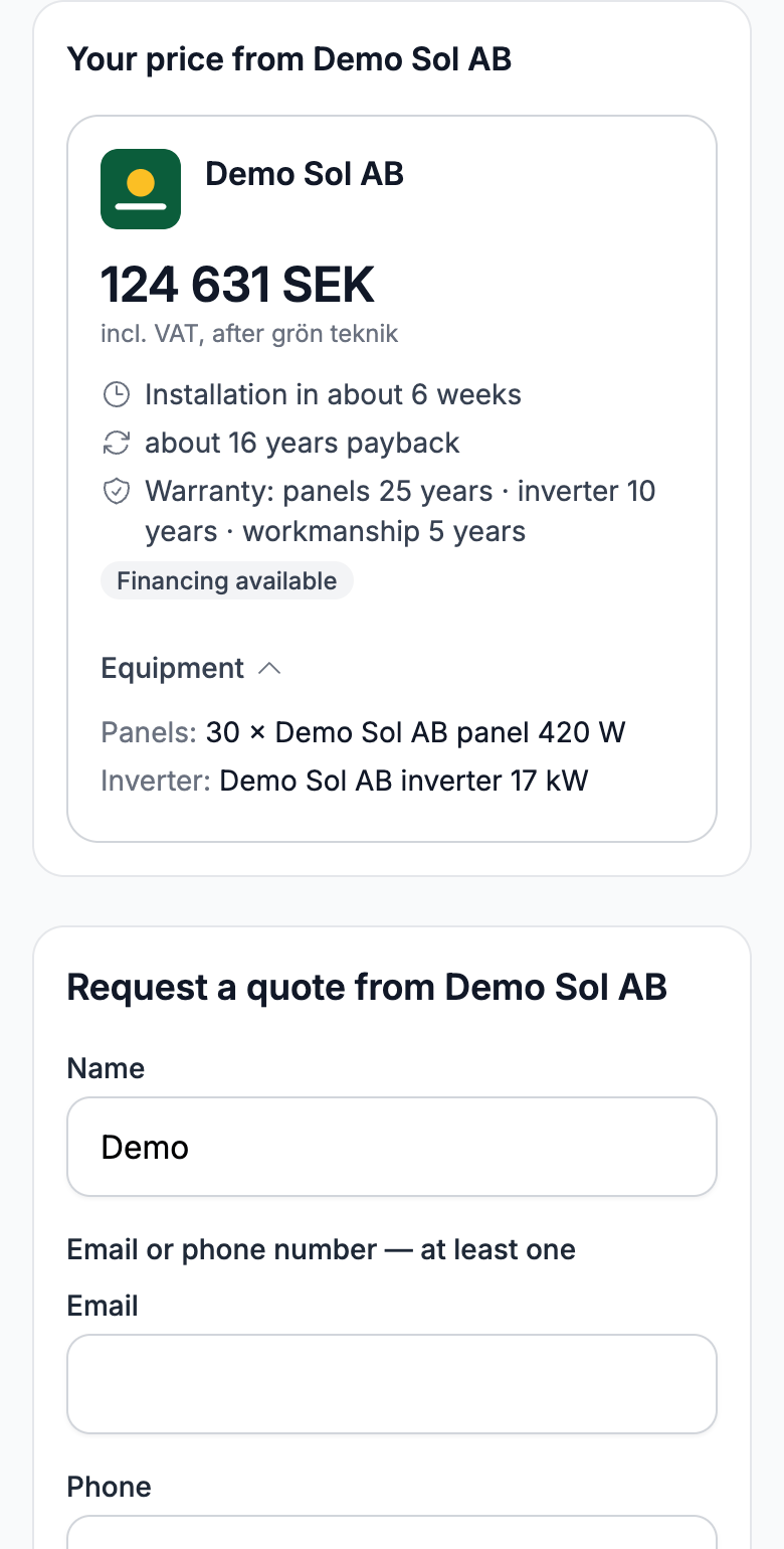 The branded client link on a phone: Demo Sol AB's price card for the roof.