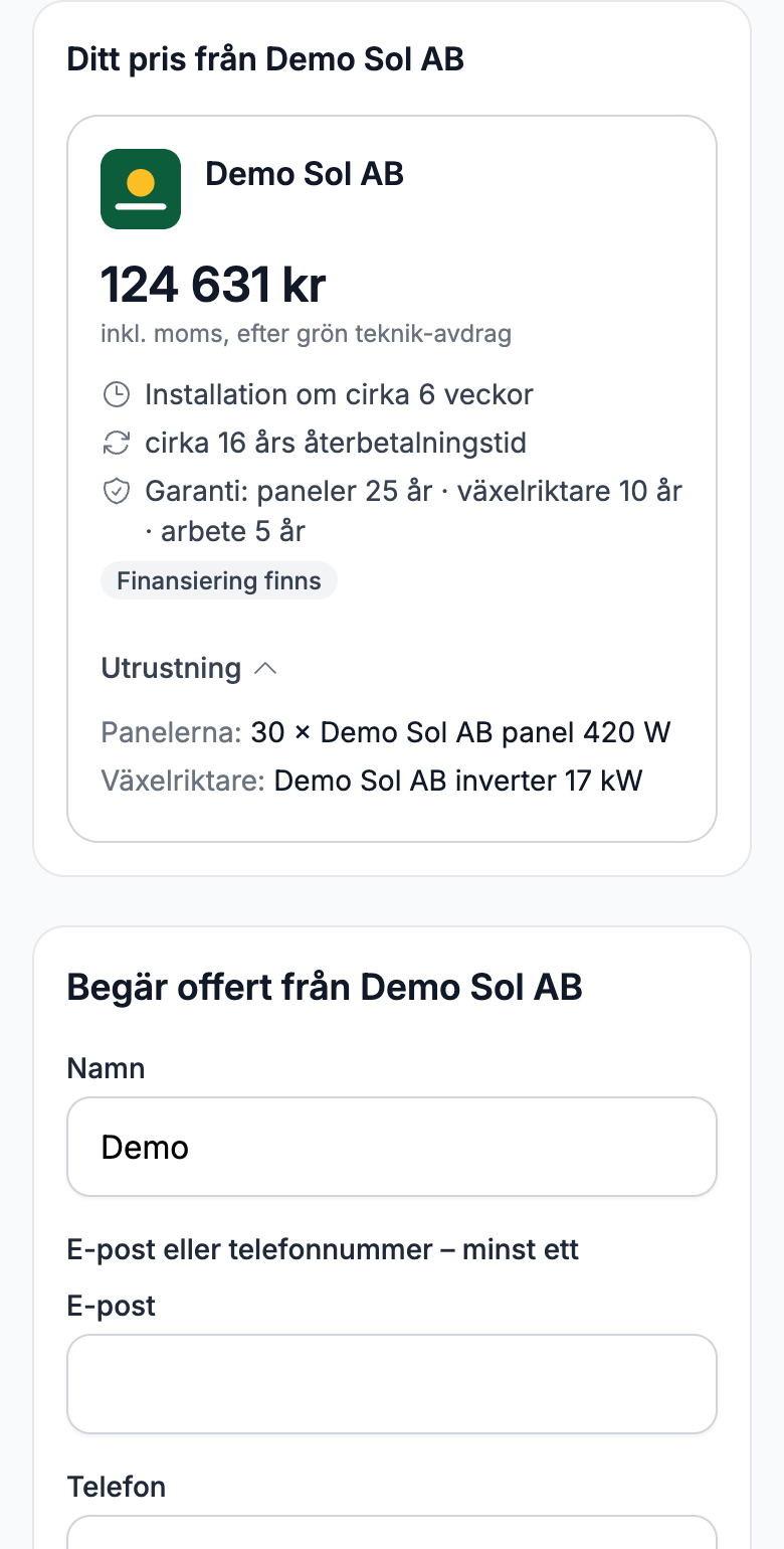 Kundlänken med installatörens namn på en mobil: Demo Sol AB:s priskort för taket.