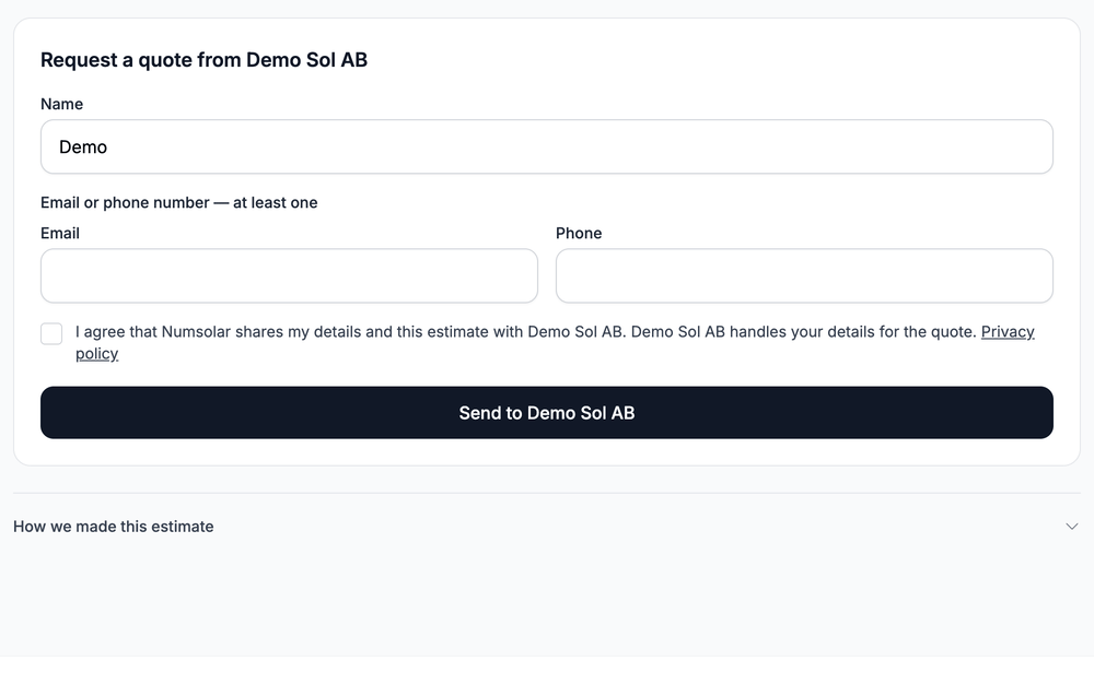 The request form: name, email or phone, consent and "Send to Demo Sol AB".