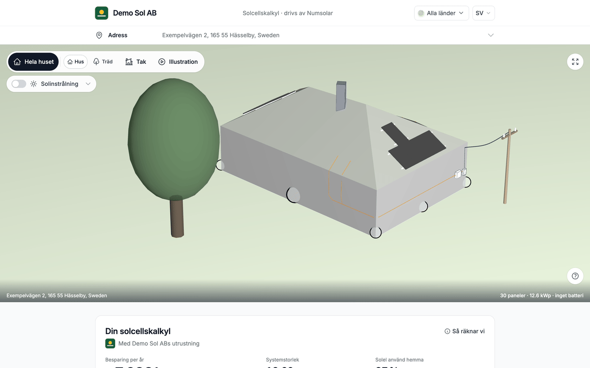 Kalkylatorn: adressen bekräftas, taket hittas och ritas i 3D.