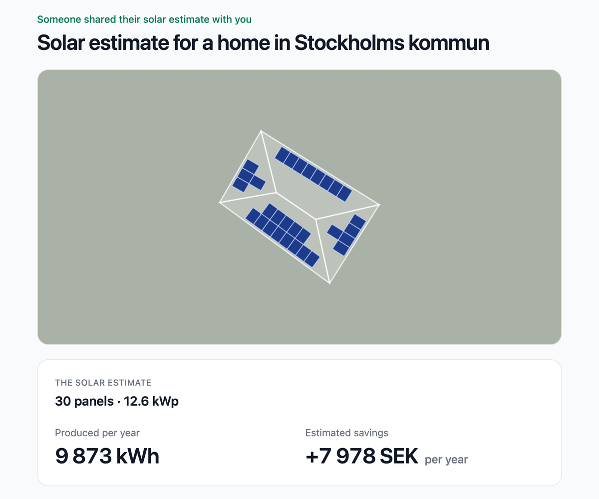 The shared result: panels, kWp, kWh per year and the roof outline, with the municipality but no address.