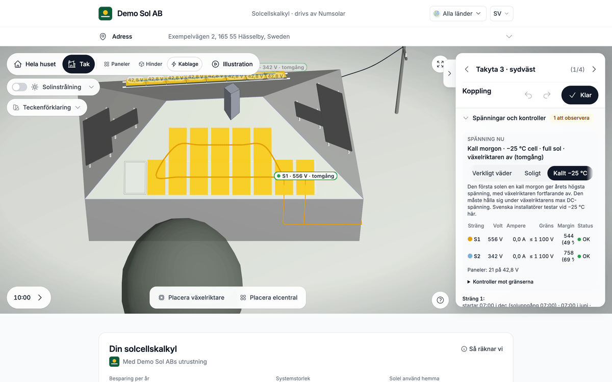 Panelen Kablage: tre strängar på taket och spänningskontrollen en kall morgon vid −25 °C.
